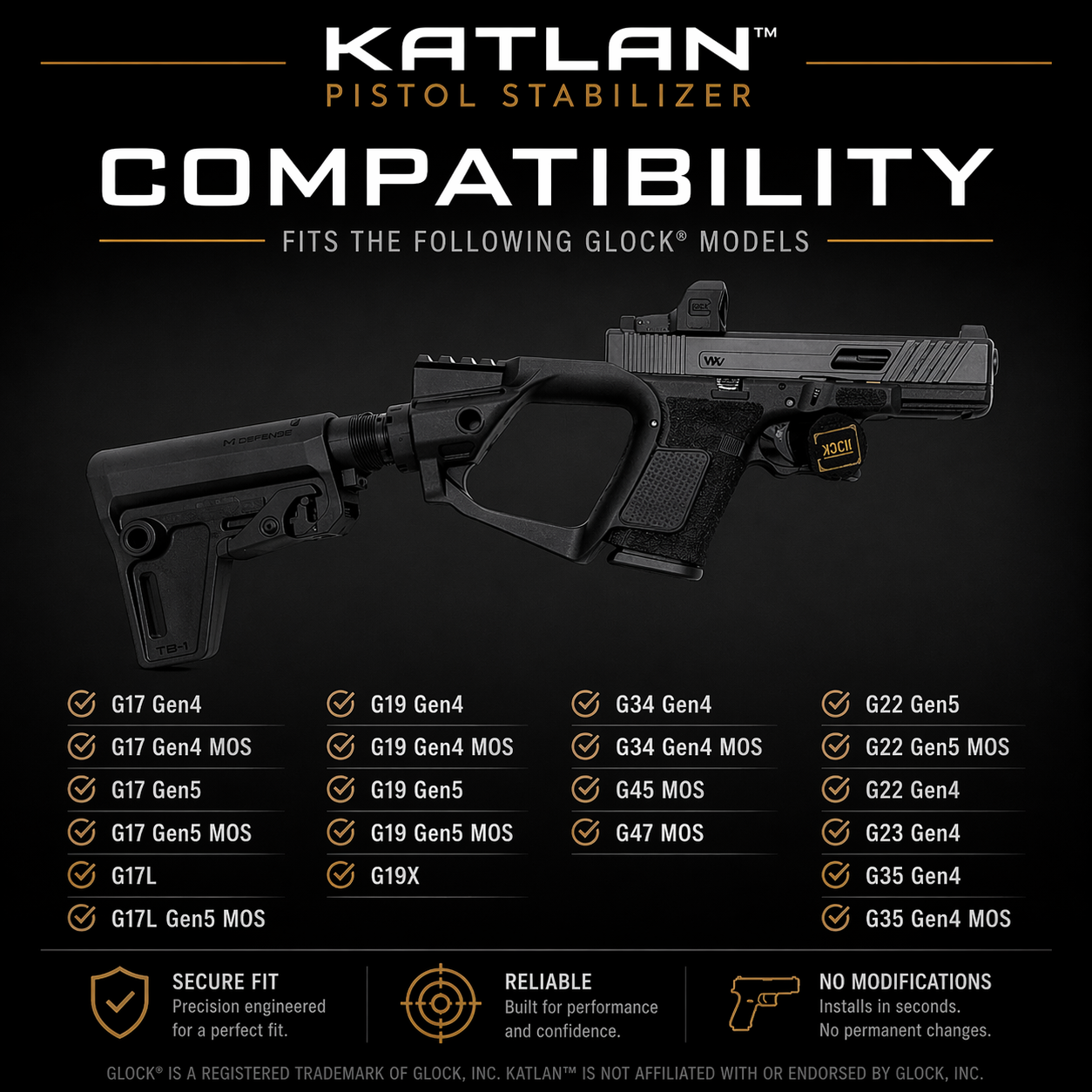 KATLAN™ Pistol Stabilizer - Glock G17, G19, G19X, G22, G34, G45 Fit